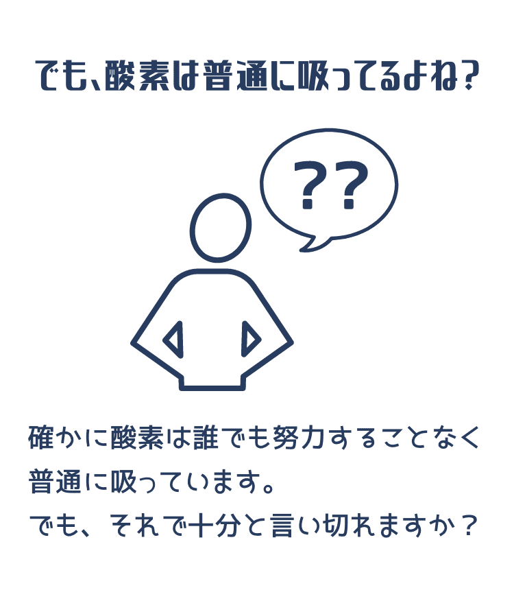 でも、酸素は普通に吸ってるよね？ 確かに酸素は誰でも努力することなく普通に吸っています。でも、それで十分と言い切れますか？